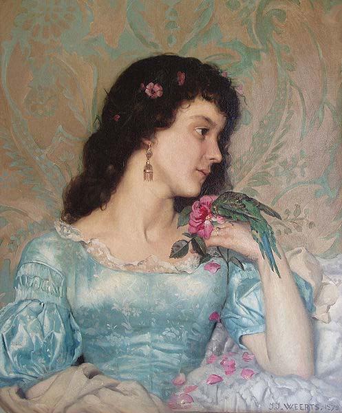 Weerts Jean Joseph Beautiful pensive portrait of a young woman with a bird and flower France oil painting art